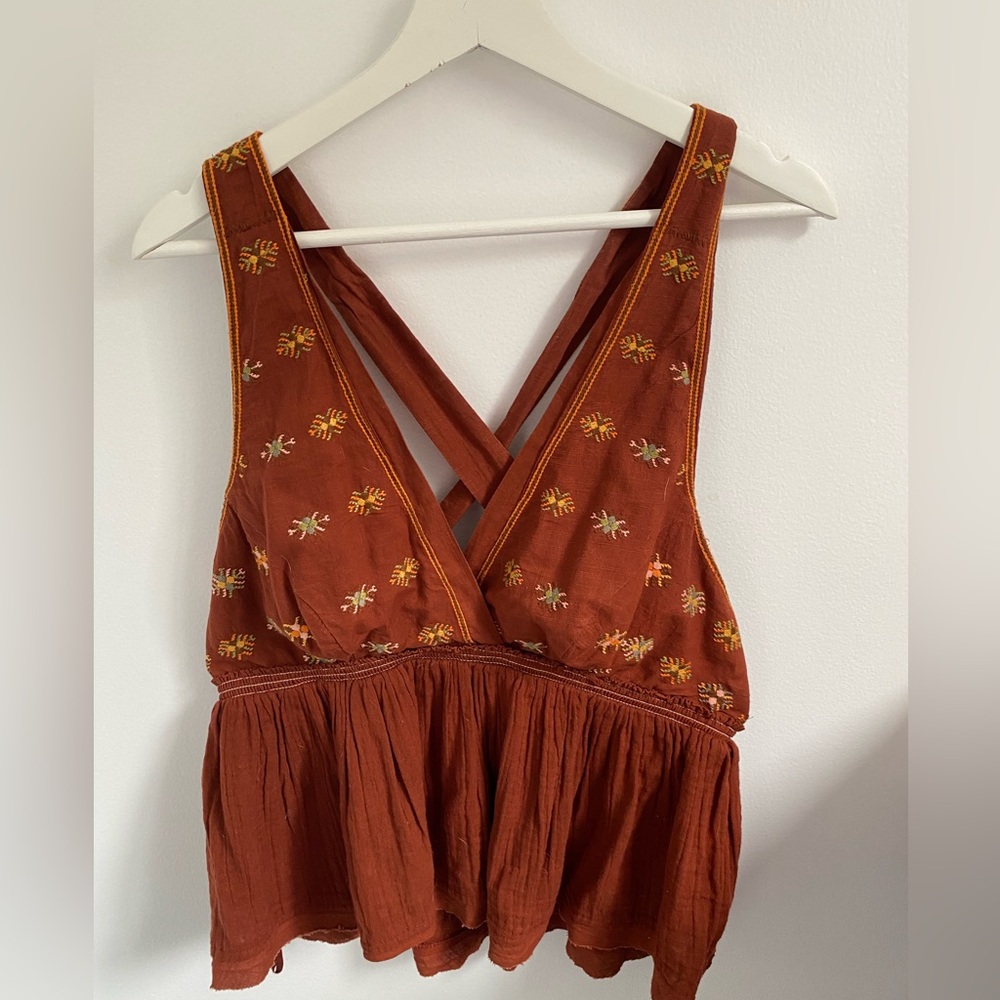 Free People Embroidered Burnt Orange Backless Tank Top